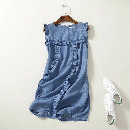 Ruffled Tencel Denim Short One-piece Dress - Plush Fashions Shop 