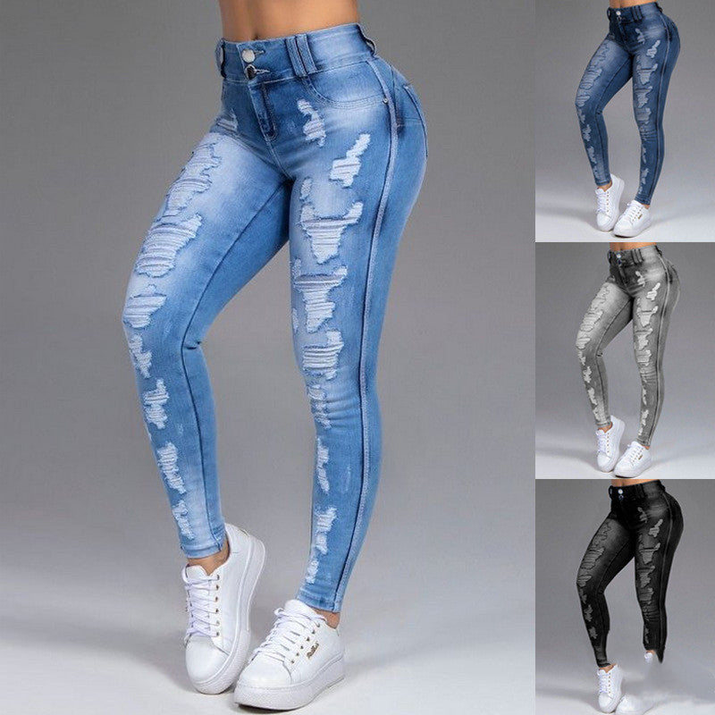 Hot Sale Ladies Jeans Ripped Holes Show Thin Stretch Jeans Trousers Women Trousers - Plush Fashions Shop 