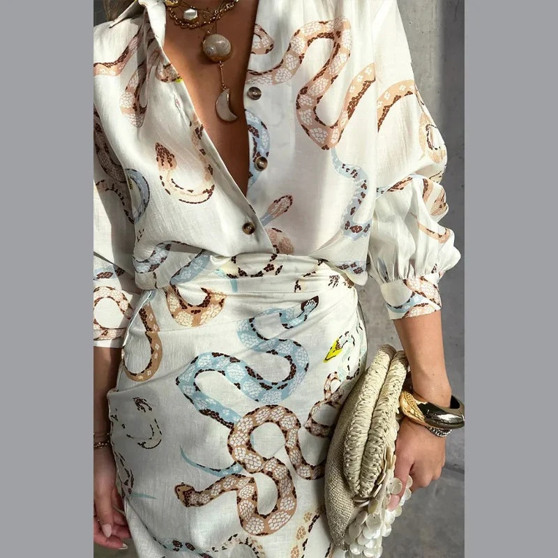 Snake Print Shirt And Skirt Suit Single-breasted Beach - Plush Fashions Shop 