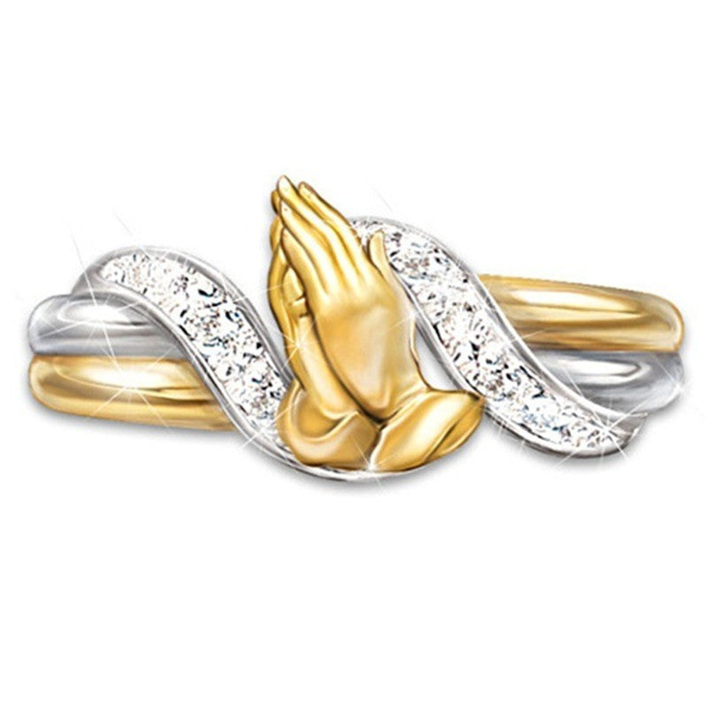 14K Gold Plated Prayer Hands Zircon Ring - Plush Fashions Shop 