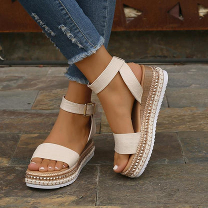 Summer Sandals Buckle Strap Hemp Wedges Platform Peep Toe Shoes Women - Plush Fashions Shop 