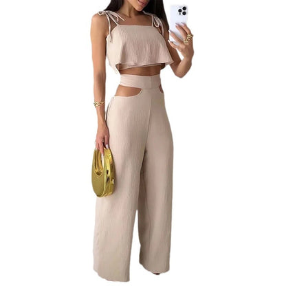 Cross-border Solid Color Sling Top Casual Hollow-out Trousers Suit - Plush Fashions Shop 