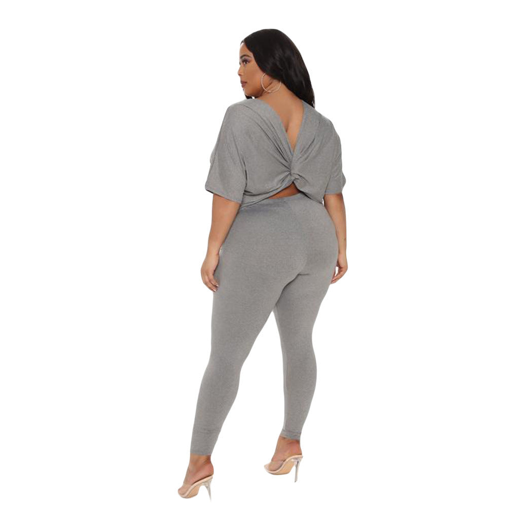 Loose Casual Back Twist Backless Solid Color Two-piece Suit - Plush Fashions Shop 
