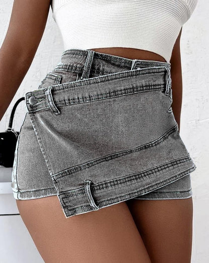 Overlap Waist Wrap Solid Asymmetrical Hem A-Line Skinny Mini Skorts Skirt For Women - Plush Fashions Shop 