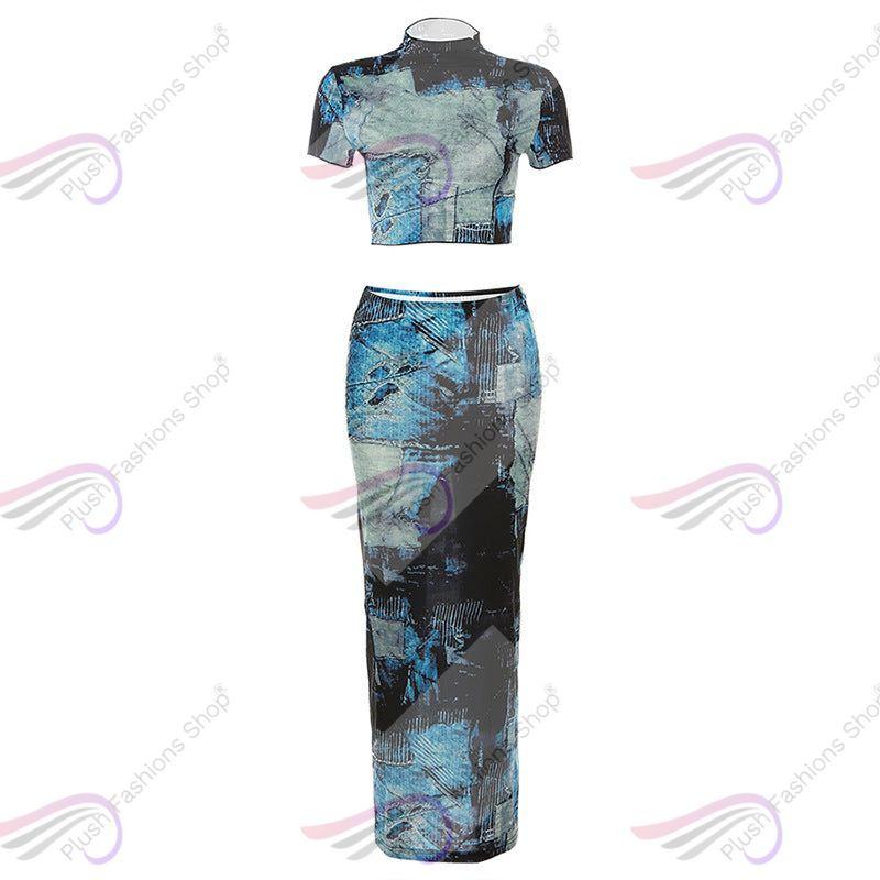 Women's Fashion Round Neck Midriff-baring T-shirt High Waist Hip Skirt Bottoming Casual Suit - Plush Fashions Shop 