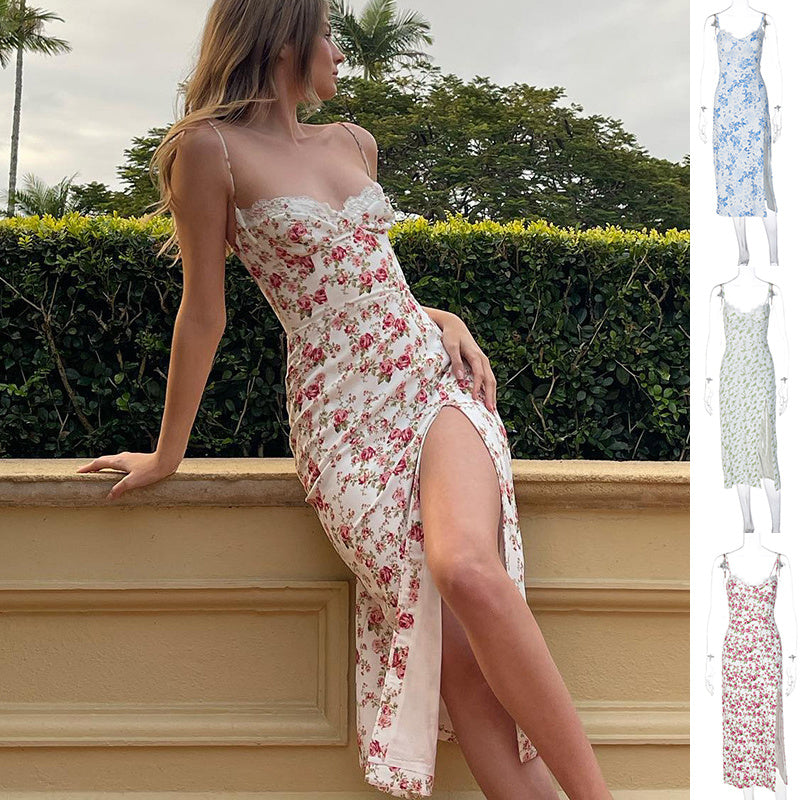 Lace Flowers Print Long Dress Sexy Fashion Slit Suspender Dress Summer Womens Clothing - Plush Fashions Shop 
