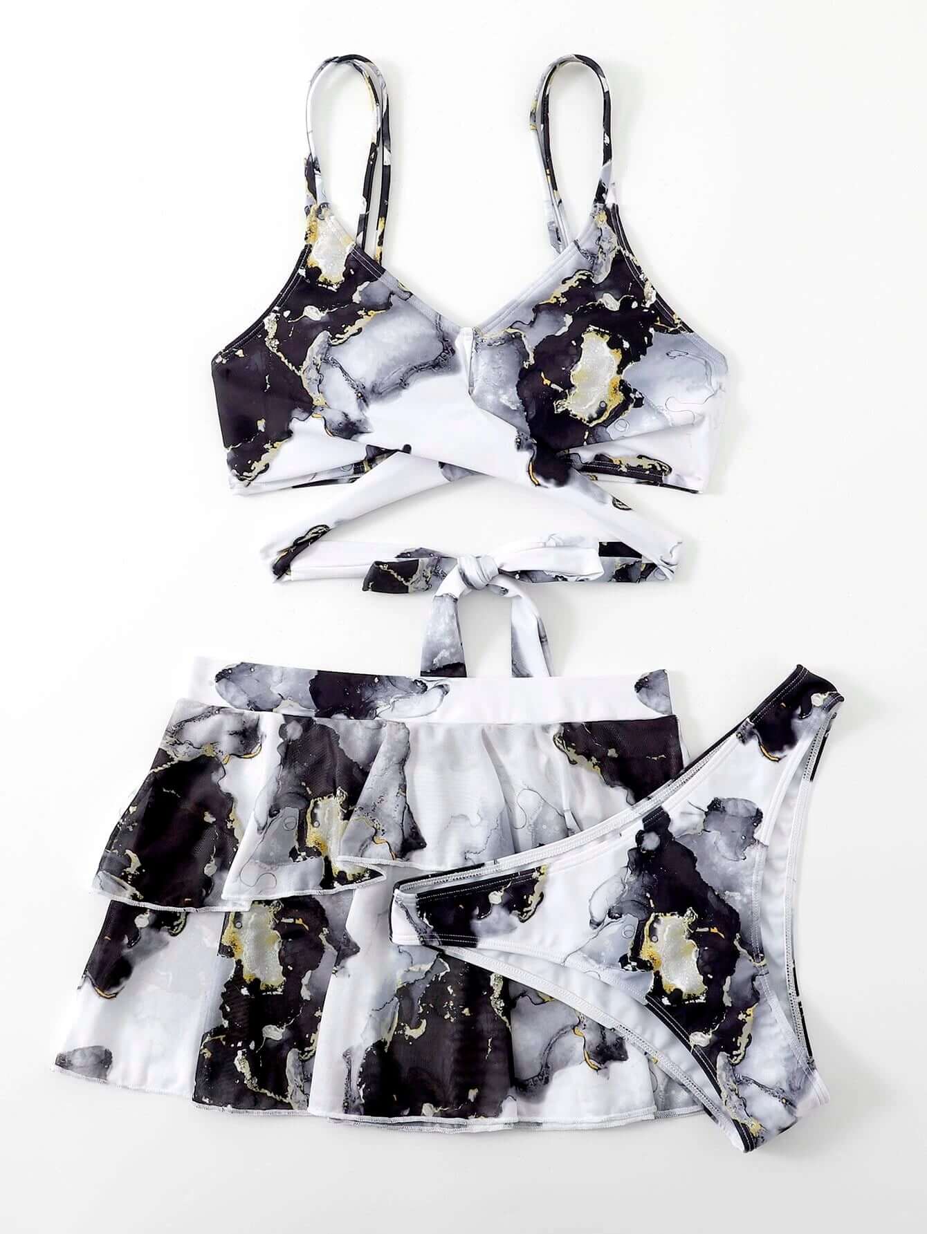 Summer Beach Marble Print Bikini Set Wrap Double Strap Cami Bra & Hipster Bottom & Layered Beach Skirt 3 Piece Bathing Suit